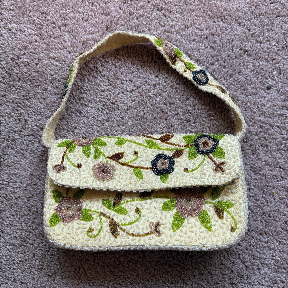 vintage pierre urbach by santi beaded purse floral cream purple flowers staud